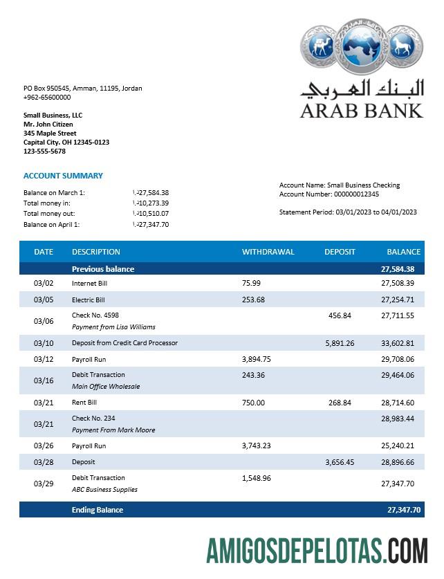 Em branco Oman Arab empresa bancária extrato de conta corrente modelo Word e PDF